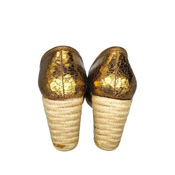 Coach Shoes Womens 6.5 Gold Metallic Crackled Bow Tie Wedge Espadrille Heels Y2k - Picture 10 of 13